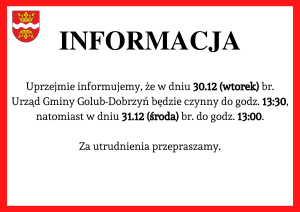 Informacja o zmianie godzin pracy Urzędu