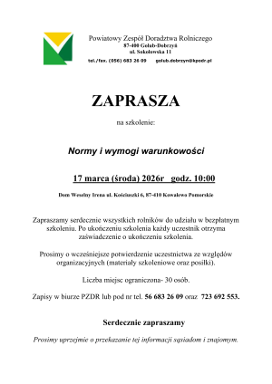 Plakat informujący o szkoleniu dla rolników pn. „Normy i wymogi warunkowości”