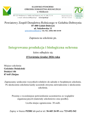Plakat promujący szkolenie dla rolników pn. „Integrowana produkcja i biologiczna ochrona”