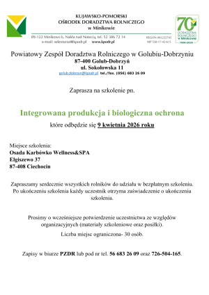 Plakat promujący szkolenie dla rolników pn. „Integrowana produkcja i biologiczna ochrona”