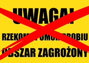 Przekreślona tablica z napisem "Rzekomy pomór drobiu"