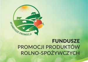 Zielone tło i napis "Fundusze promocji produktów rolno-spożywczych"