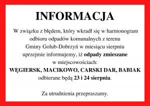 Informacja dot. zmiany terminu odbioru odpadów