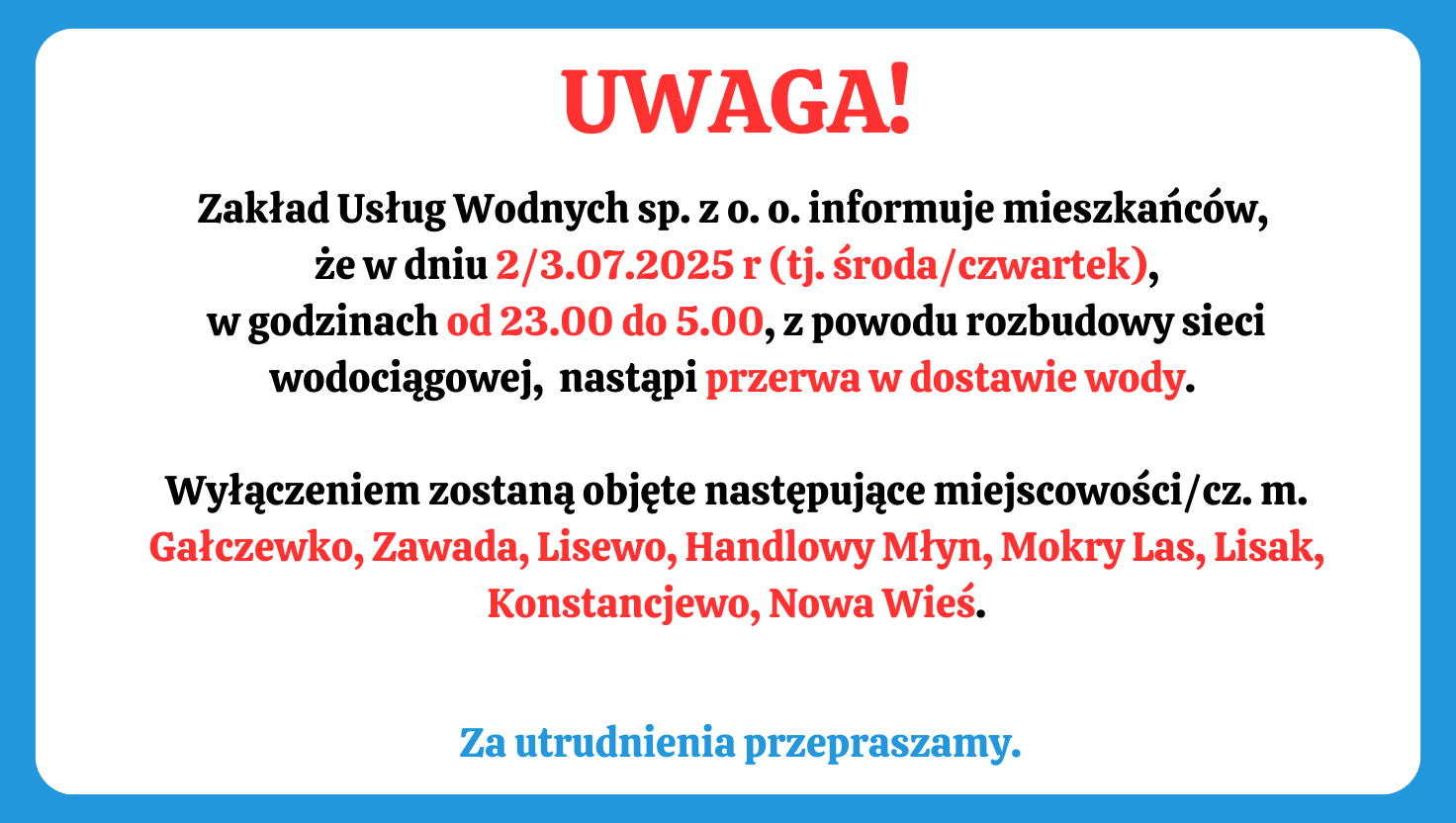 Przerwa w dostawie wody - plakat